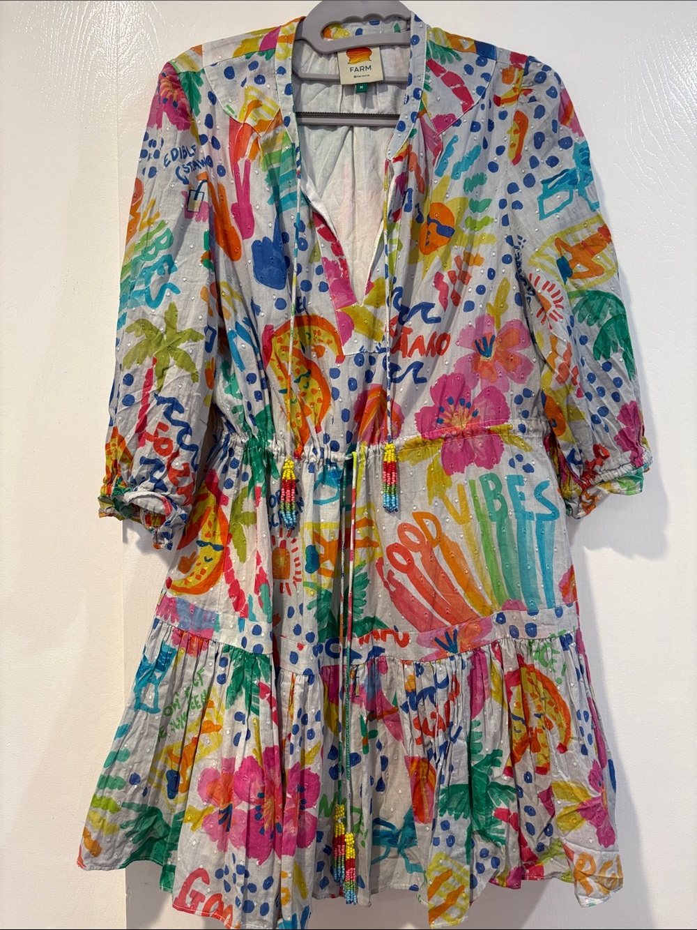 Farm Rio Women’s Medium Good Vibes Mini Dress 100% Cotton Summer Anthropologie